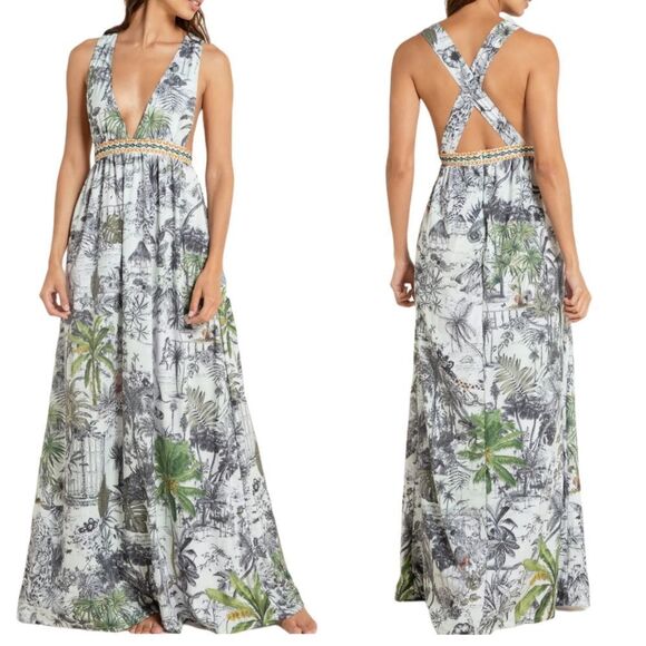 AGUA BENDITA Makera Naturalia Floral Jungle Animal Maxi Dress L - Picture 1 of 12